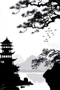 水墨山水间的古塔苍松