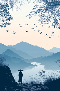 独赏山水间飞鸟之景