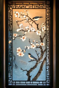 中式窗棂上的花鸟图景