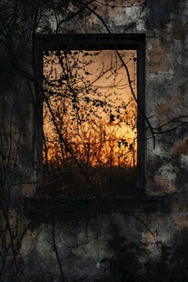 破旧窗棂中的落日景致
