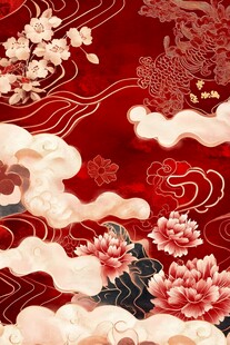 中式红底花卉云纹传统图案