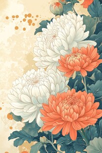 中式花卉 多彩菊花与绿叶