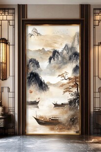 中式山水玄关壁画意境美
