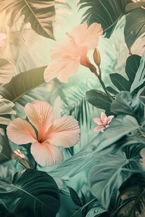 梦幻粉槿与繁茂绿叶