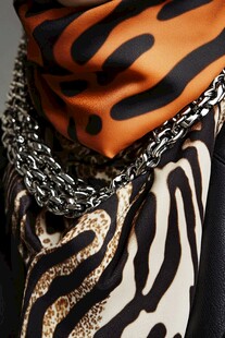 时尚豹纹丝巾与金属链搭配