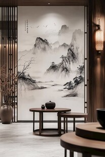 中式茶室水墨山水意境美