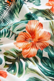 热带花卉绿叶印花布料