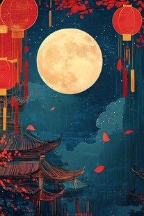 中秋月夜下的中式古典美景