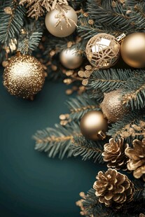 金色圣诞装饰装点松枝