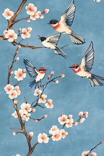 蓝底花鸟图 春燕戏繁花