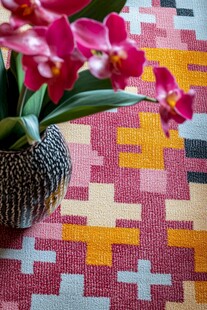 花瓶中的粉兰与几何图案地毯