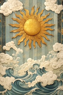 金色太阳与云海波浪浮雕