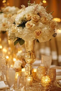 奢华金色系花卉餐桌布置