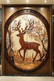 中式雕花鹿主题精美门饰