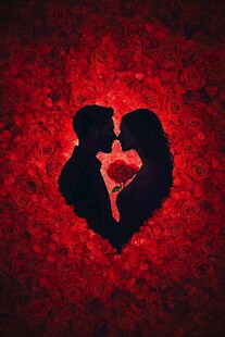 浪漫情侣心形玫瑰剪影