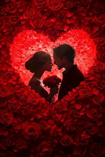 浪漫玫瑰中的恋人剪影
