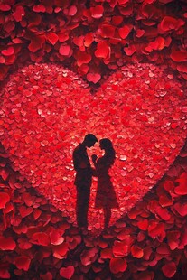 浪漫心形花瓣中的情侣剪影