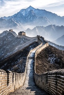冬日壮丽长城蜿蜒于山峦间