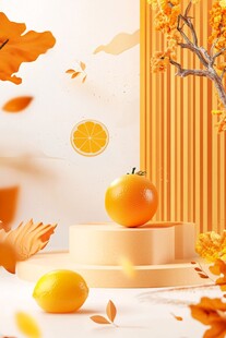 秋日橘景 清新水果与落叶