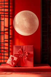 红墙圆月伴精美红礼盒