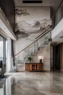 中式风挑空客厅楼梯设计