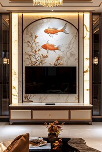 中式客厅电视背景墙饰金鱼