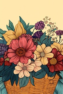 装满缤纷花朵的编织花篮