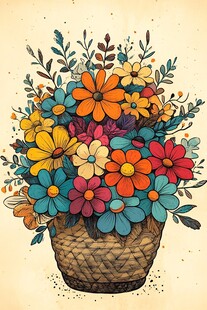 手绘多彩花篮插画