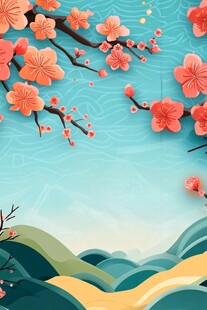 春日繁花山峦清新插画