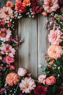 木质背景上的缤纷花卉框