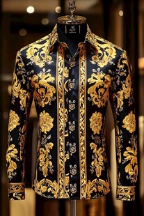 奢华黑金花纹男士长袖衬衫