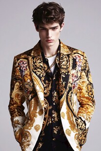 男士身着华丽印花西装外套
