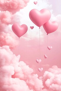 梦幻粉色心形气球飘于云端