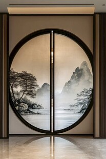 中式圆门山水壁画装饰