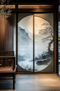 中式圆窗绘山水意境美