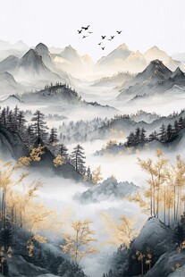 秋山云雾间飞鸟过山林