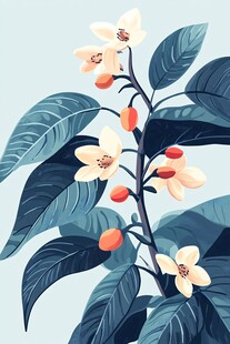 手绘枝头绽放的花朵与果实