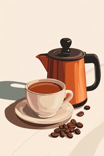 手绘咖啡壶与咖啡杯场景