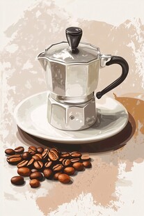 复古风摩卡壶与咖啡豆