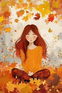秋日冥想的红衣女孩