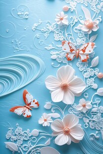 蓝色背景上的纸艺花卉蝴蝶