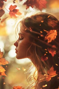 秋日少女与飘零的枫叶