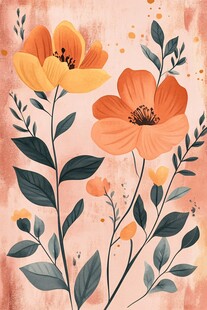 橙黄花卉插画