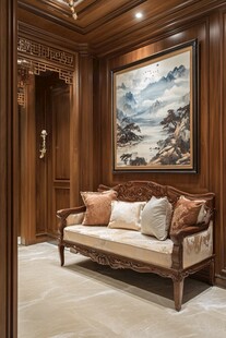 中式典雅玄关 古韵长椅挂画