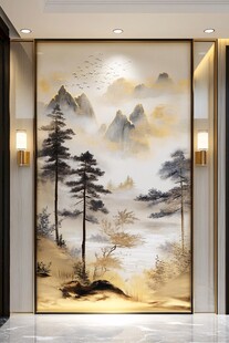 中式山水玄关壁画意境美