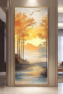 秋日河畔风景玄关装饰画