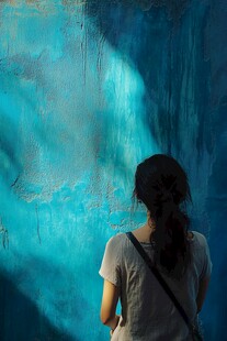 女孩背对镜头凝视蓝墙