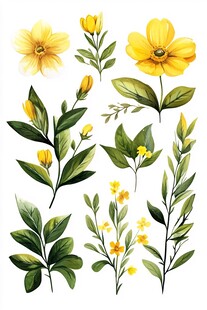 手绘黄色花卉绿植素材集