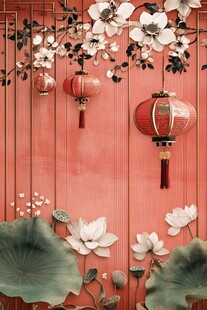 中式红墙下的花灯荷花景