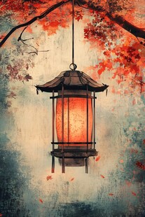 秋意中式灯笼悬于红枫下